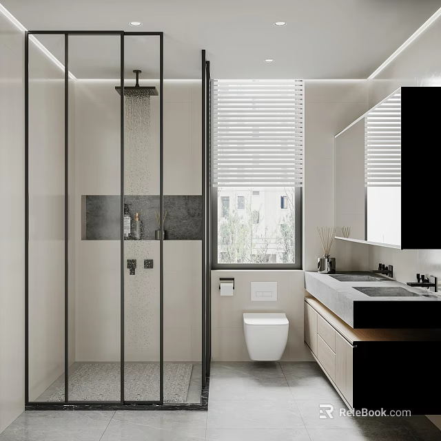 Modern Bathroom With Glass Shower Partition Stone Wall Vanity Toilet And Window Blinds 3d model 