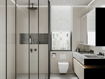 Modern Bathroom With Glass Shower Partition Stone Wall Vanity Toilet And Window Blinds 3d model