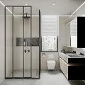 Modern Bathroom With Glass Shower Partition Stone Wall Vanity Toilet And Window Blinds