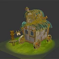 Cartoon Style Wooden Cart With Blue Green Roof On Grass