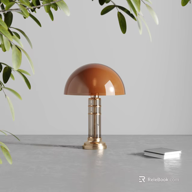 Modern Table Lamp With Brown Dome Shade Gold Metal Base Green Leaves And Books 3d model 