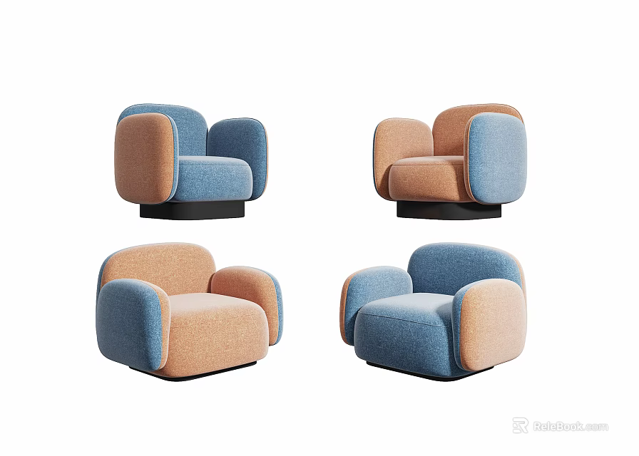 Modern Rounded Single Sofa With Blue Orange Two Tone Comfortable Upholstery 3d model