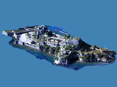 Historic Island Fortress With Rocky Terrain Greenery And Surrounding Blue Water 3d model