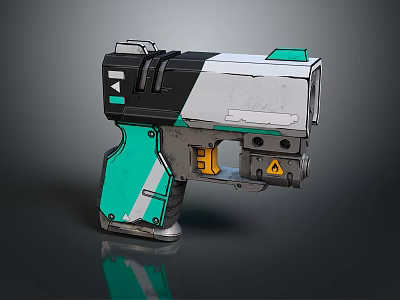 Sleek Futuristic Sci Fi Weapon Featuring Black White Teal Colors Yellow Accents and Warning Symbol 3d model