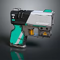 Sleek Futuristic Sci Fi Weapon Featuring Black White Teal Colors Yellow Accents and Warning Symbol