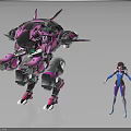Futuristic Female Character In Blue And Purple Outfit With Pink And Black Mech Robot