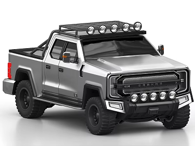 Silver Pickup Truck With Roof Rack And Multiple Roof Lights Front Lights And Off Road Tires 3d model