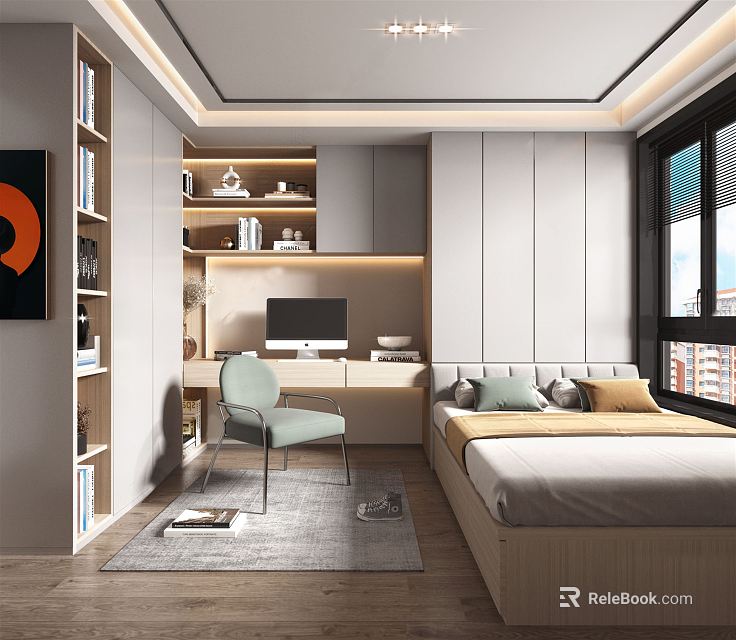 Modern Tatami Bedroom Interior With Desk Chair Computer Bookshelf Decorative Painting And Bright Window Lighting 3d model 