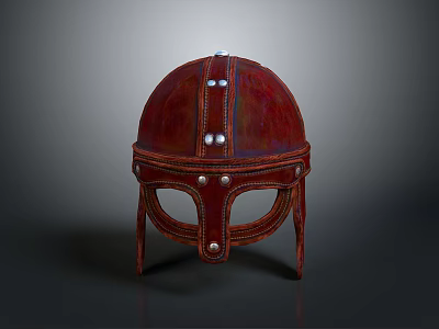 Red Medieval Helmet With Leather Trim And Metal Rivets Design 3d model