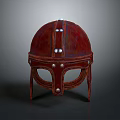 Red Medieval Helmet With Leather Trim And Metal Rivets Design