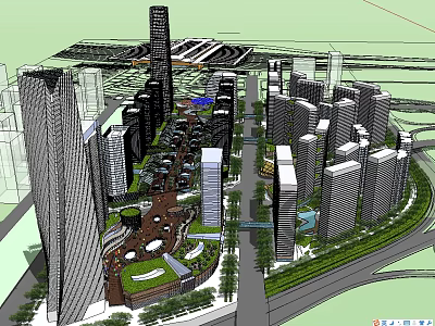 Modern Commercial Street With High Rise Buildings Green Spaces And Urban Landscape 3d model