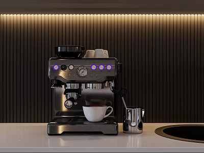 Modern Coffee Maker Kitchen Appliance With Black Design And Purple Lights On Countertop 3d model