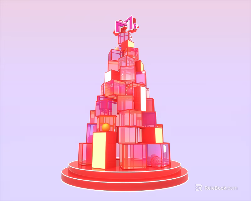 Stacked Red And Pink Blocks Tree With Mr Sign On Top And Red Base 3d model 