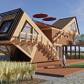 Rural Landscape Featuring Modern Wooden Building Sloped Roof Staircase Tall Grass Palm Trees Water Area