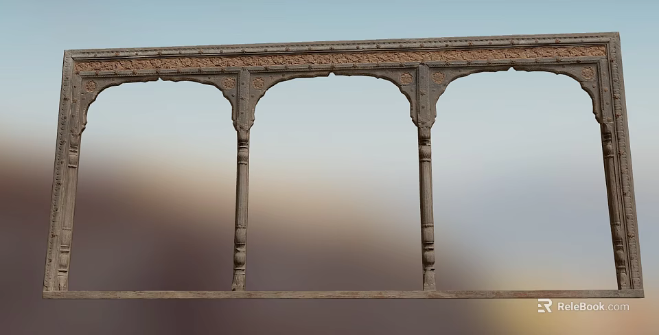 Traditional Casement Window With Carved Frame Arched Design And Decorative Columns 3d model 