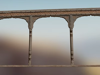Traditional Casement Window With Carved Frame Arched Design And Decorative Columns 3d model