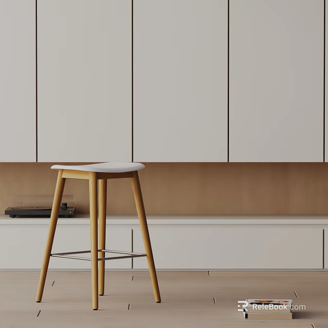 Modern Minimal Bar Stool With White Cabinets And Wooden Panel Background 3d model