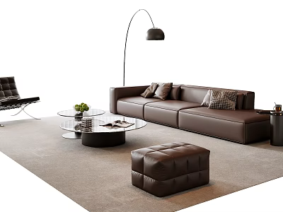 Leather Brown Sofa and Glass Top Coffee Table Set with Floor Lamp Ottoman and Rug 3d model
