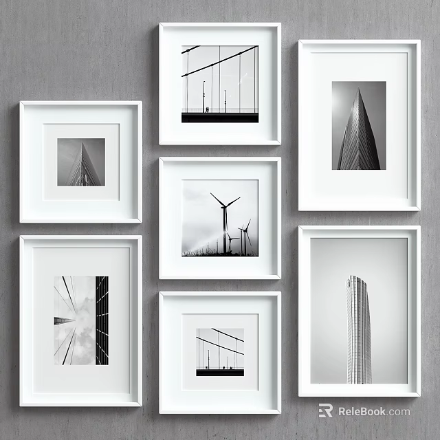 White Framed Black And White Architectural Photos On Gray Wall Gallery 3d model 