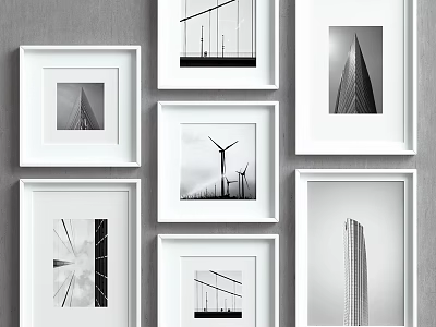 White Framed Black And White Architectural Photos On Gray Wall Gallery 3d model