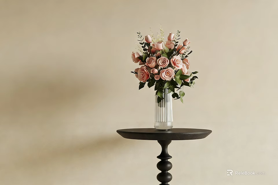 Pink Roses With Green Leaves In Clear Glass Vase On Black Round Table Beige Background 3d model 