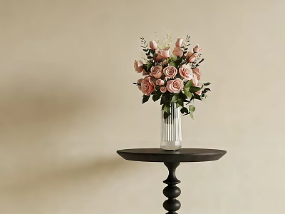 Pink Roses With Green Leaves In Clear Glass Vase On Black Round Table Beige Background 3d model