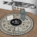 Round Rug Featuring Black Floral Patterns Open Book And Small Statue On Wooden Floor
