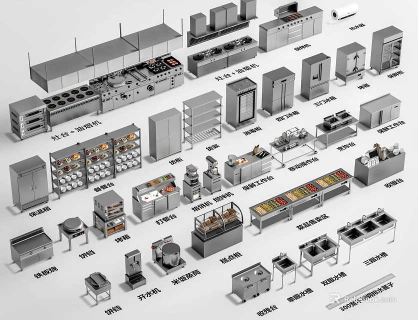 Complete Commercial Kitchen Equipment Collection With Stoves Ovens Worktables And Cabinets 3d model 