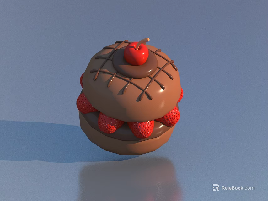 Chocolate Covered Dessert With Fresh Strawberries Around Topped With Red Cherry And Chocolate Drizzle Decoration 3d model 