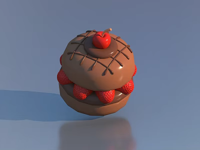 Chocolate Covered Dessert With Fresh Strawberries Around Topped With Red Cherry And Chocolate Drizzle Decoration 3d model