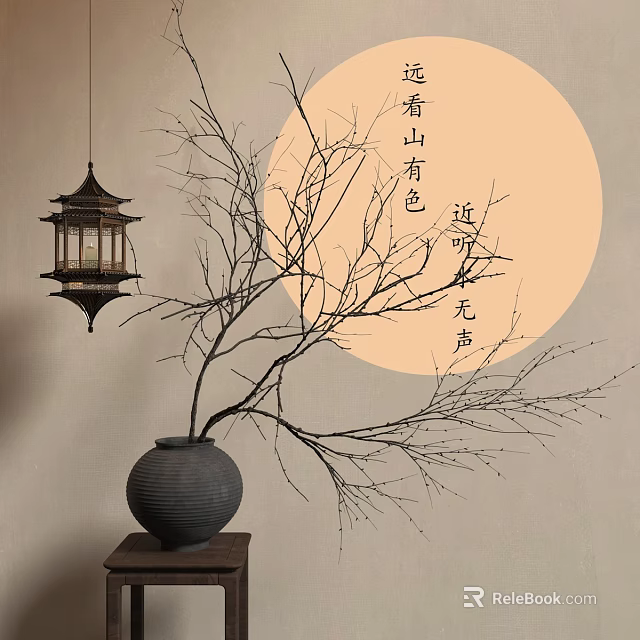 Chinese Style Decorative Ornament Set With Ceramic Vase Bare Branches And Hanging Lantern 3d model 