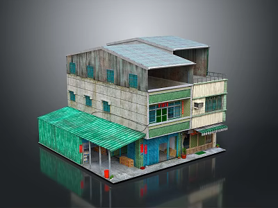 Two Story Building Featuring Green Awning Colorful Facade Green Window Frames And Flat Roof 3d model