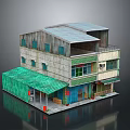 Two Story Building Featuring Green Awning Colorful Facade Green Window Frames And Flat Roof