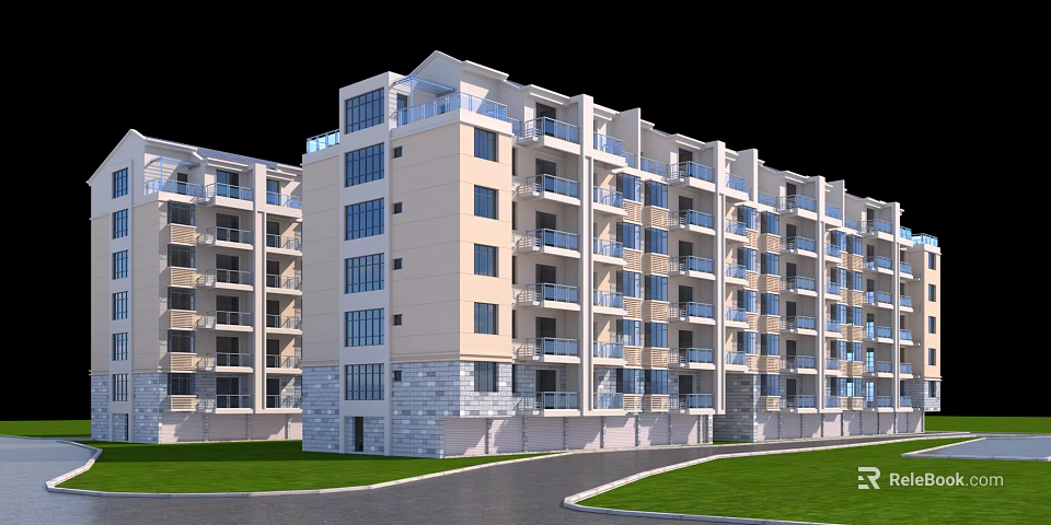 Modern Multi story Residential Building With Light Beige Exterior Balconies And Stone Base 3d model 