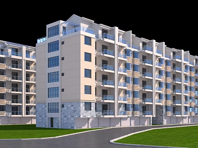 Modern Multi story Residential Building With Light Beige Exterior Balconies And Stone Base 3d model