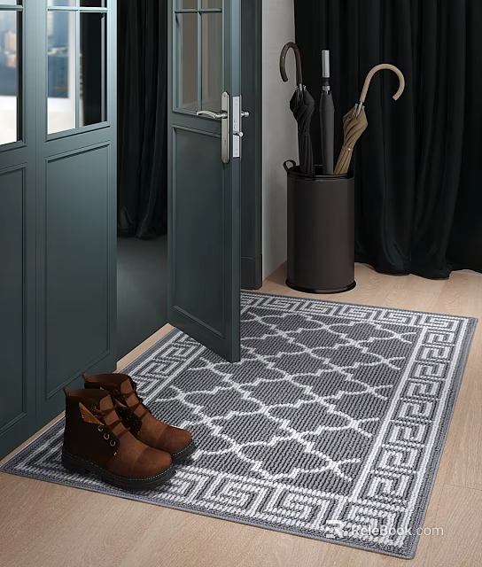 Modern Living Dining Room Entryway Interior With Green Doors Patterned Rug And Brown Shoes 3d model 