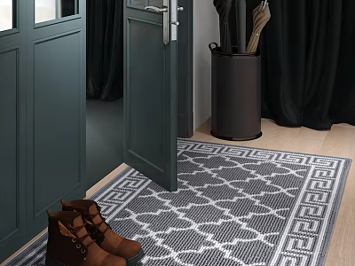 Modern Living Dining Room Entryway Interior With Green Doors Patterned Rug And Brown Shoes 3d model