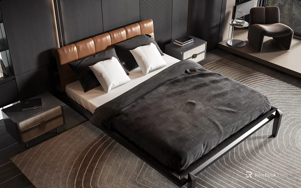 Modern Double Bed with Brown Leather Headboard and Bedding in Bedroom with Nightstands and Carpet 3d model 