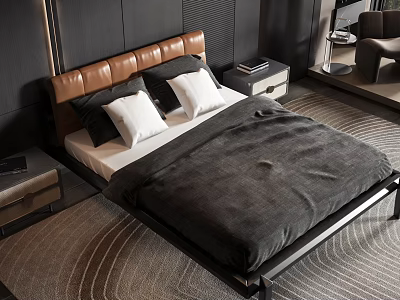 Modern Double Bed with Brown Leather Headboard and Bedding in Bedroom with Nightstands and Carpet 3d model