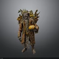 Old Forest Man In Ragged Clothes Carrying Pumpkin Plants And Vegetables