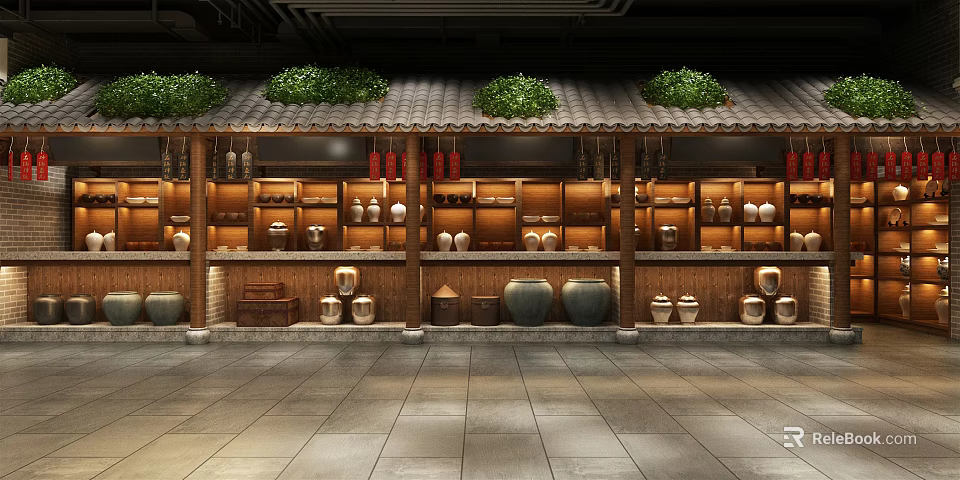 Traditional Chinese Restaurant Interior With Wooden Shelves Clay Jars Red Lanterns And Green Plants 3d model 