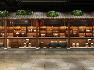 Traditional Chinese Restaurant Interior With Wooden Shelves Clay Jars Red Lanterns And Green Plants 3d model