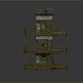 Multi Story Rustic House Model With Sloped Roof Wooden Structure Glass Panels Balconies And Staircase