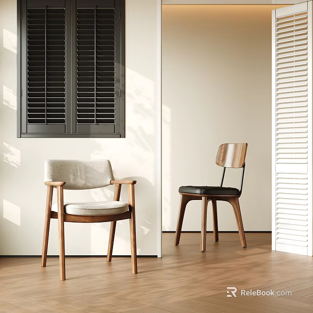 Two Stylish Leisure Chairs In Minimalist Interior With Wooden Floor And Shutter Windows 3d model 