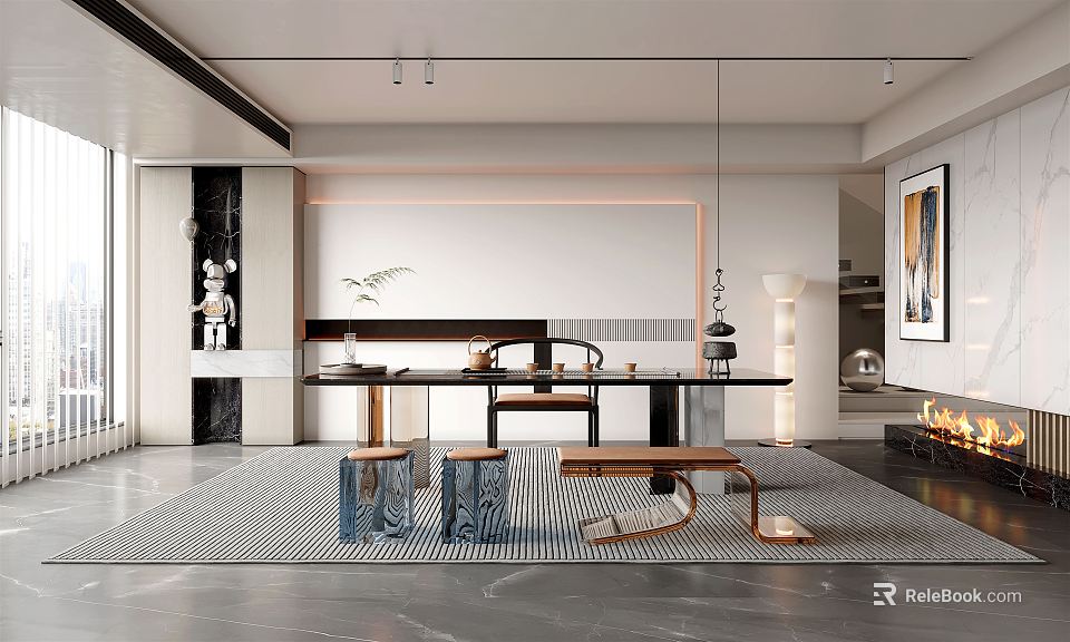 Modern Tea Room Interior Design With Tea Table Seats And Decorative Plants 3d model 