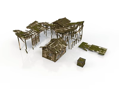 Old Thatch Roof Wooden Structure Models With Broken Frames And Small Huts 3d model