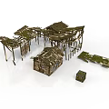 Old Thatch Roof Wooden Structure Models With Broken Frames And Small Huts 3d model