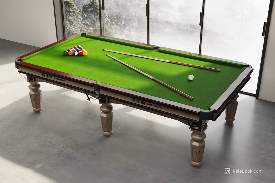 Billiard Room Interior With Green Felt Table Wooden Legs Colorful Balls Cues And Bright Windows 3d model 