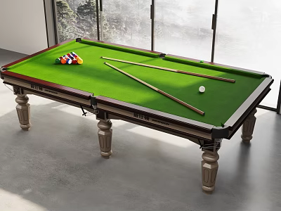 Billiard Room Interior With Green Felt Table Wooden Legs Colorful Balls Cues And Bright Windows 3d model