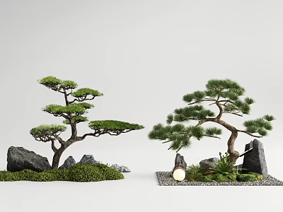 Tree Planter With Pine Trees Rocks Green Grass And Small Decorative Light 3d model